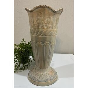 Vtg Distressed Ornate Metal Cream Floral Planter Vase Scalloped Edge Urn Shape